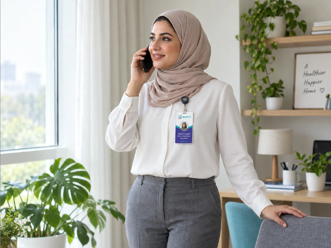 A Bayti patient experience coordinator on a call by a sunlit window