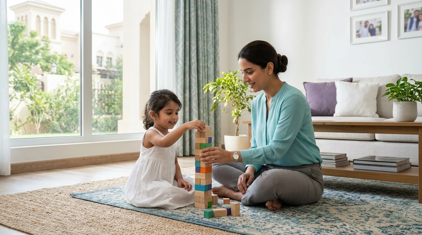 A carer building with wooden blocks alongside a child at home