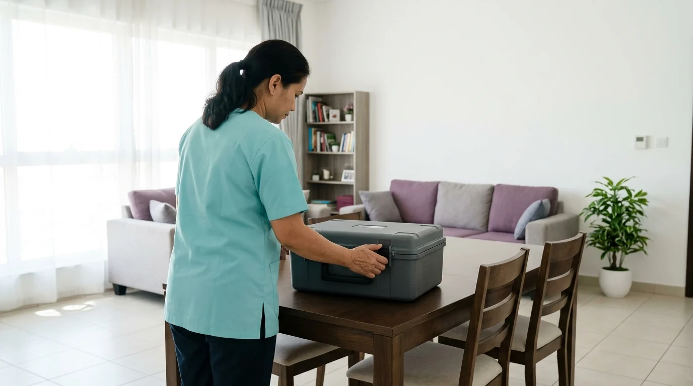 A BAYTI technician checking a sealed sample transport case in a client's home