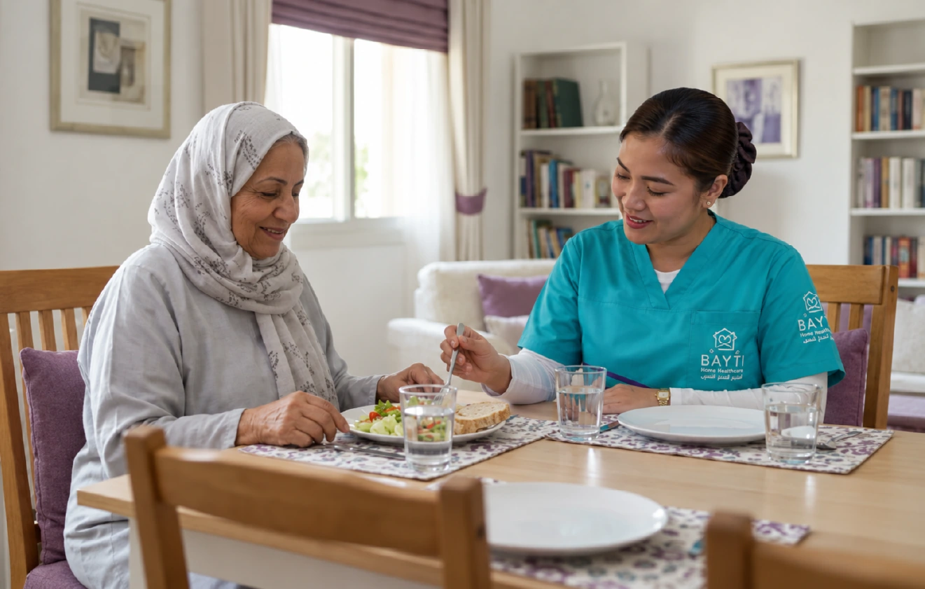 A Bayti caregiver helping a client with daily living at home