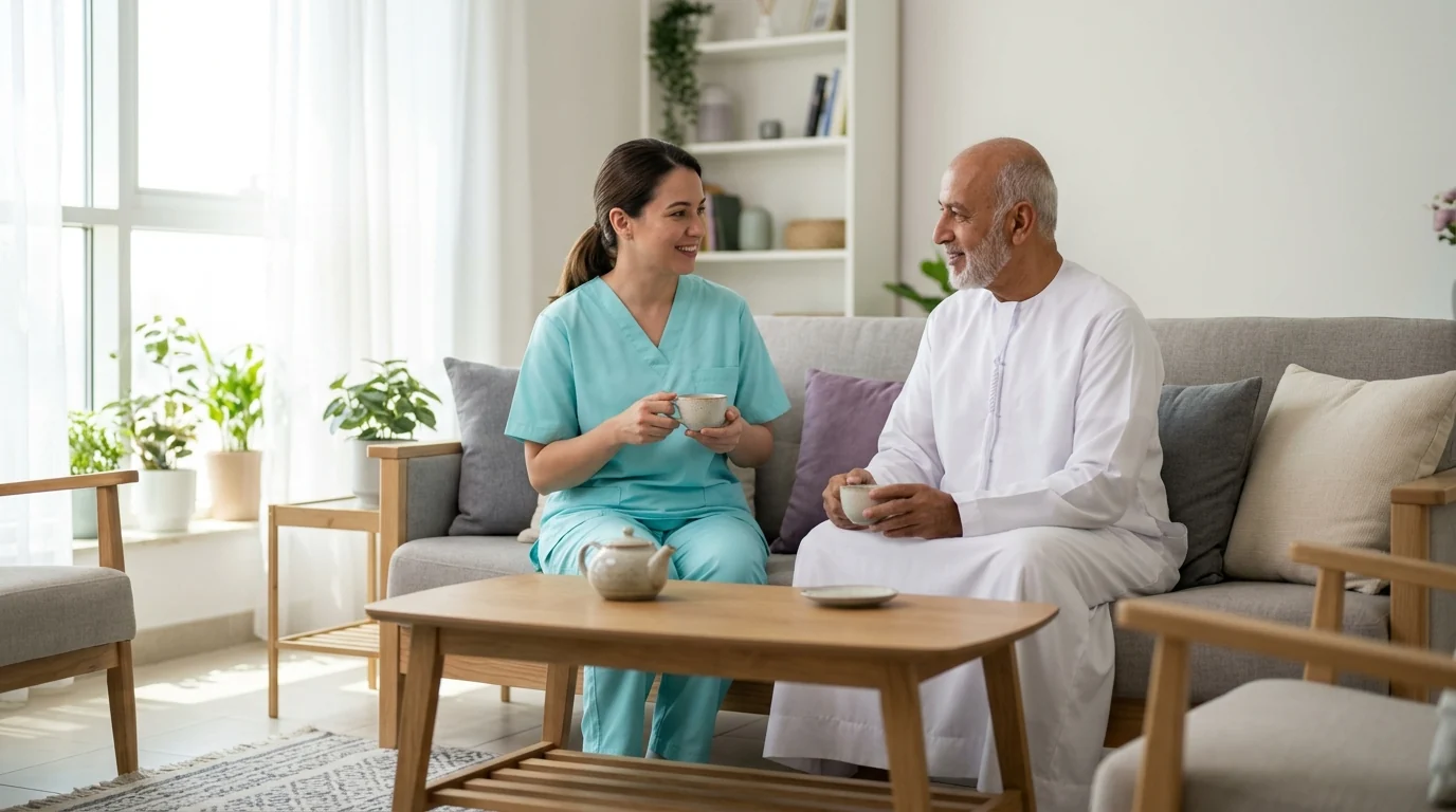 A BAYTI nurse sharing tea and conversation with an older client at home