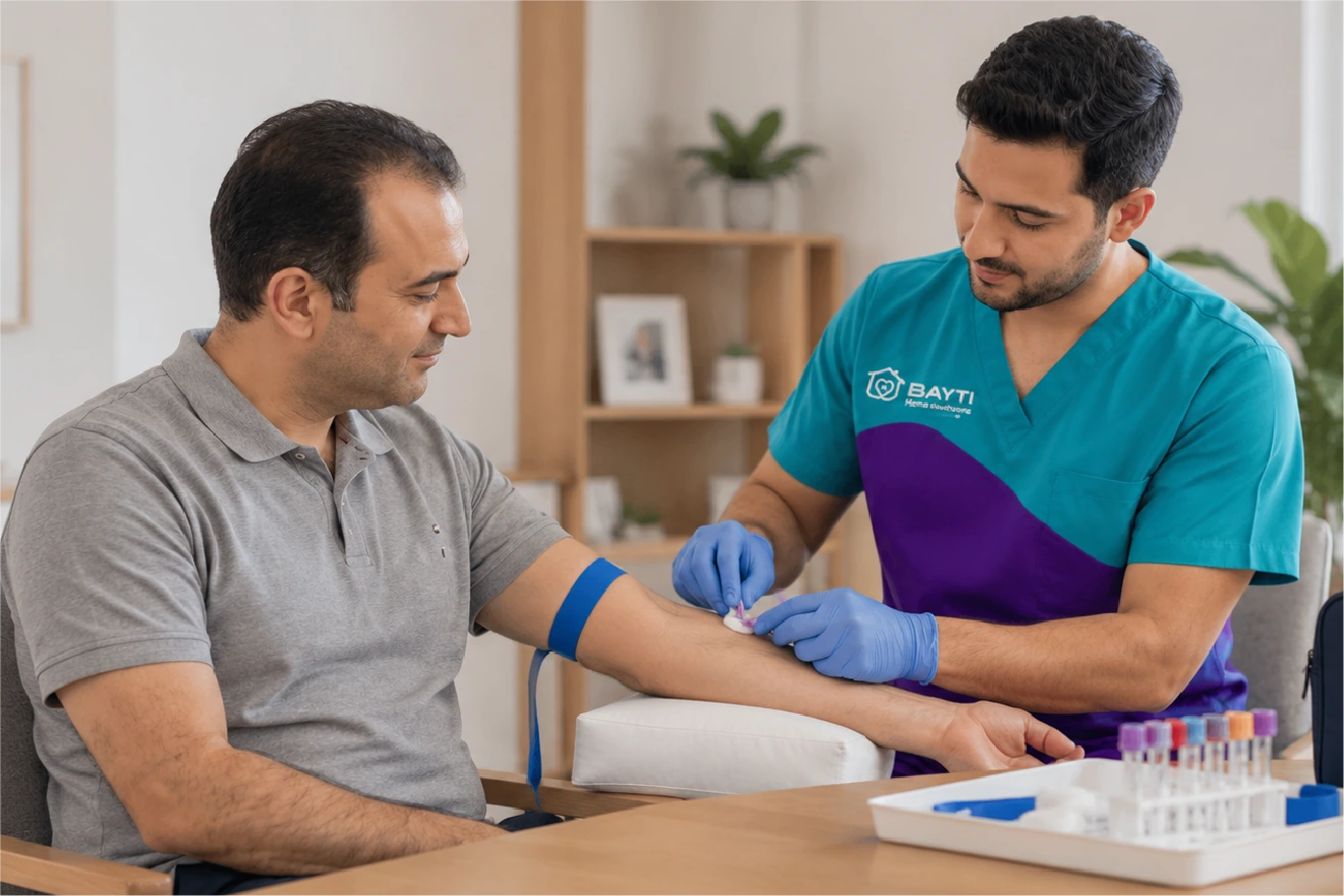 A Bayti technician collecting a sample at a client's dining table