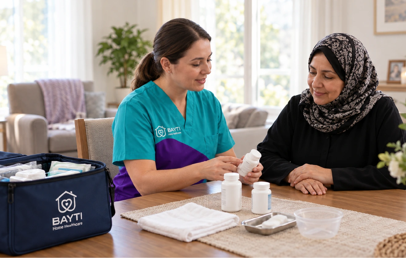 A Bayti nurse talking a client through her medication at home