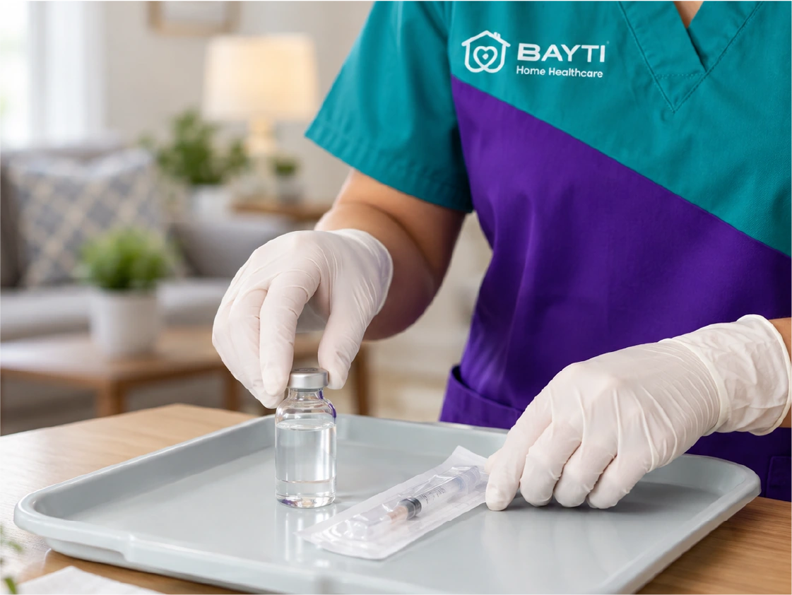 A prepared vial and sealed single-use syringe on a clean tray