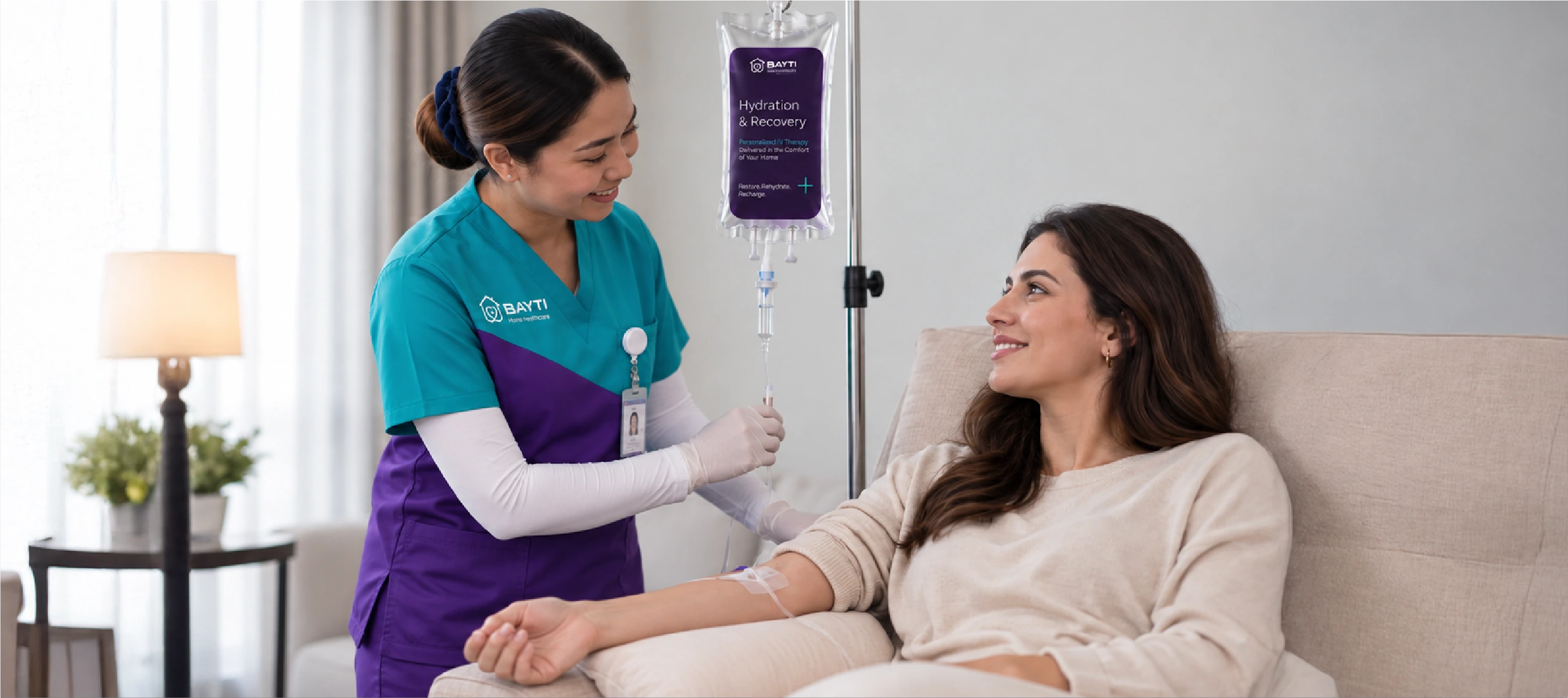 A living-room corner set up for an IV therapy session at home