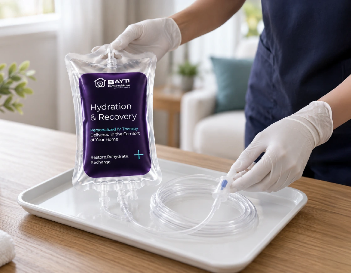 A prepared infusion bag and line on a clean tray