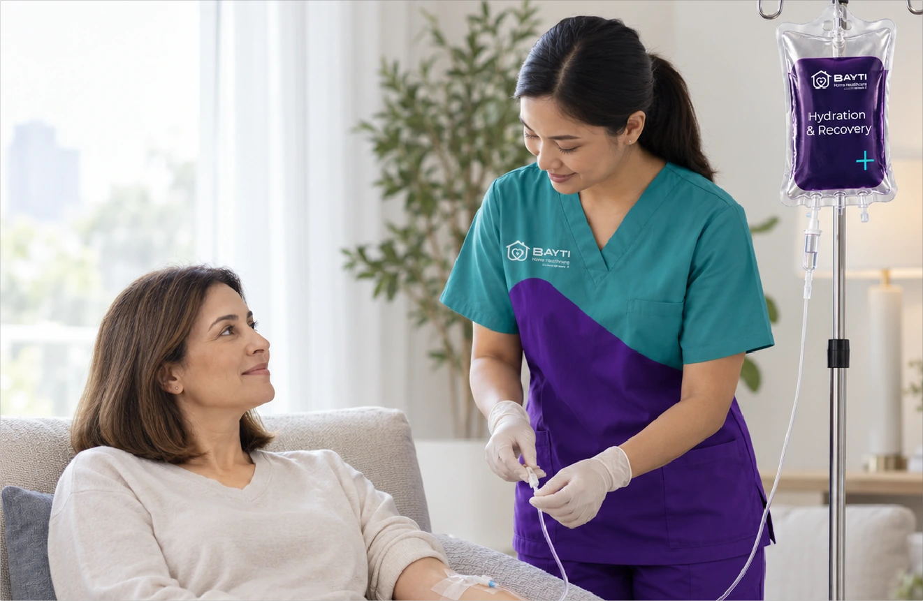 A Bayti nurse checking an infusion line for a client resting at home