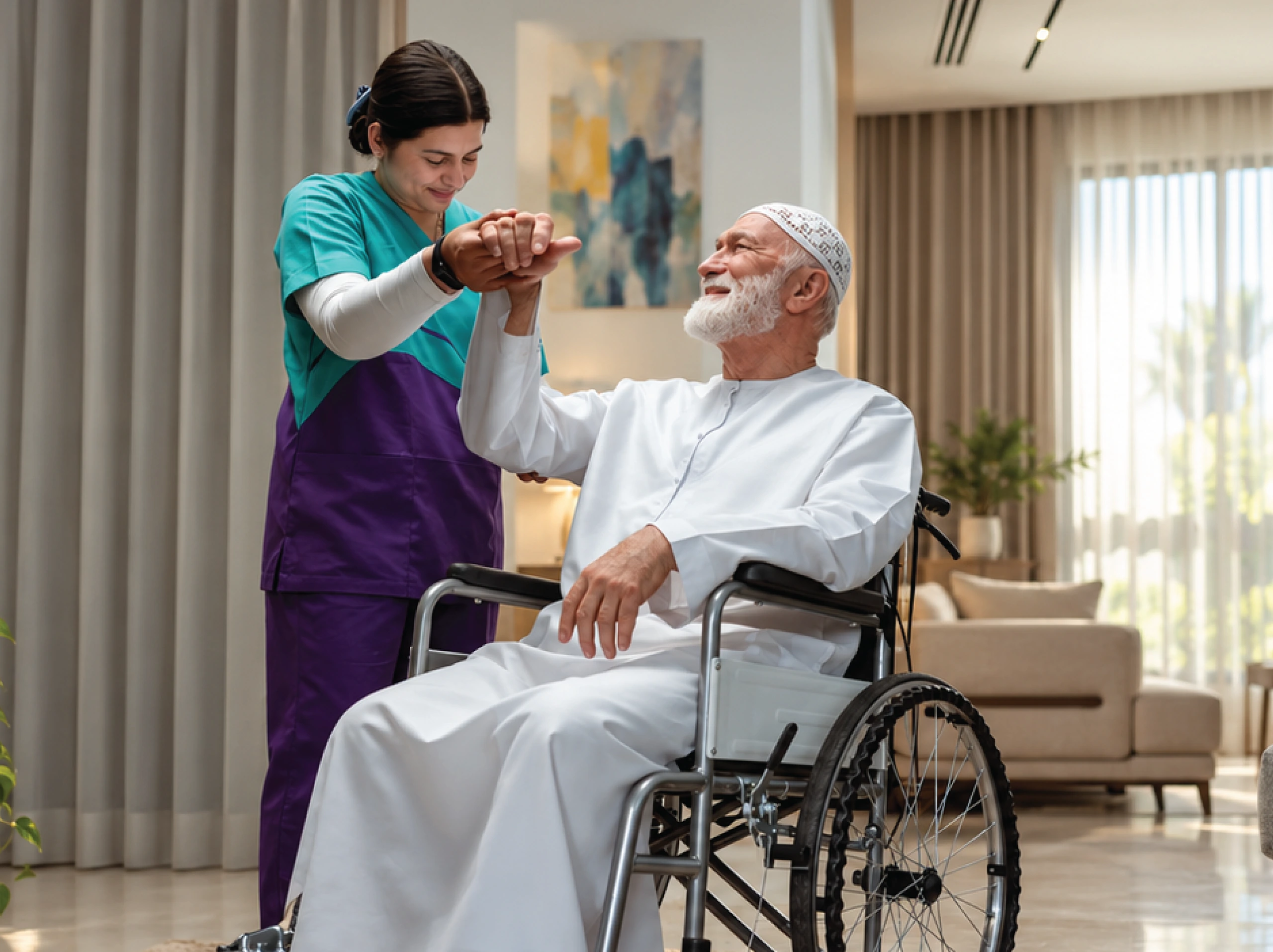 A physiotherapist walking beside a patient along a hallway with a steadying hand