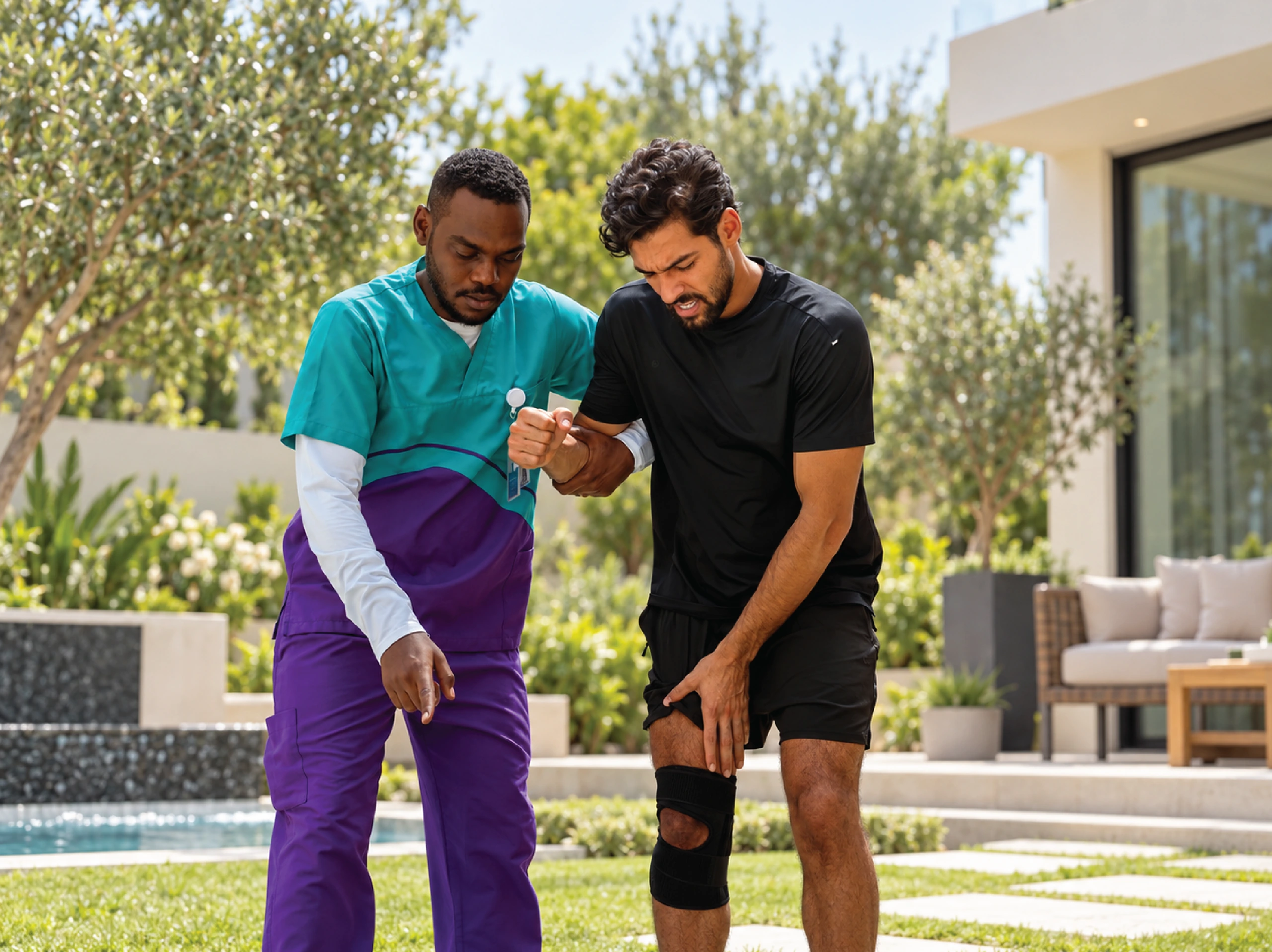 A physiotherapist guiding a seated patient through a slow shoulder stretch at home