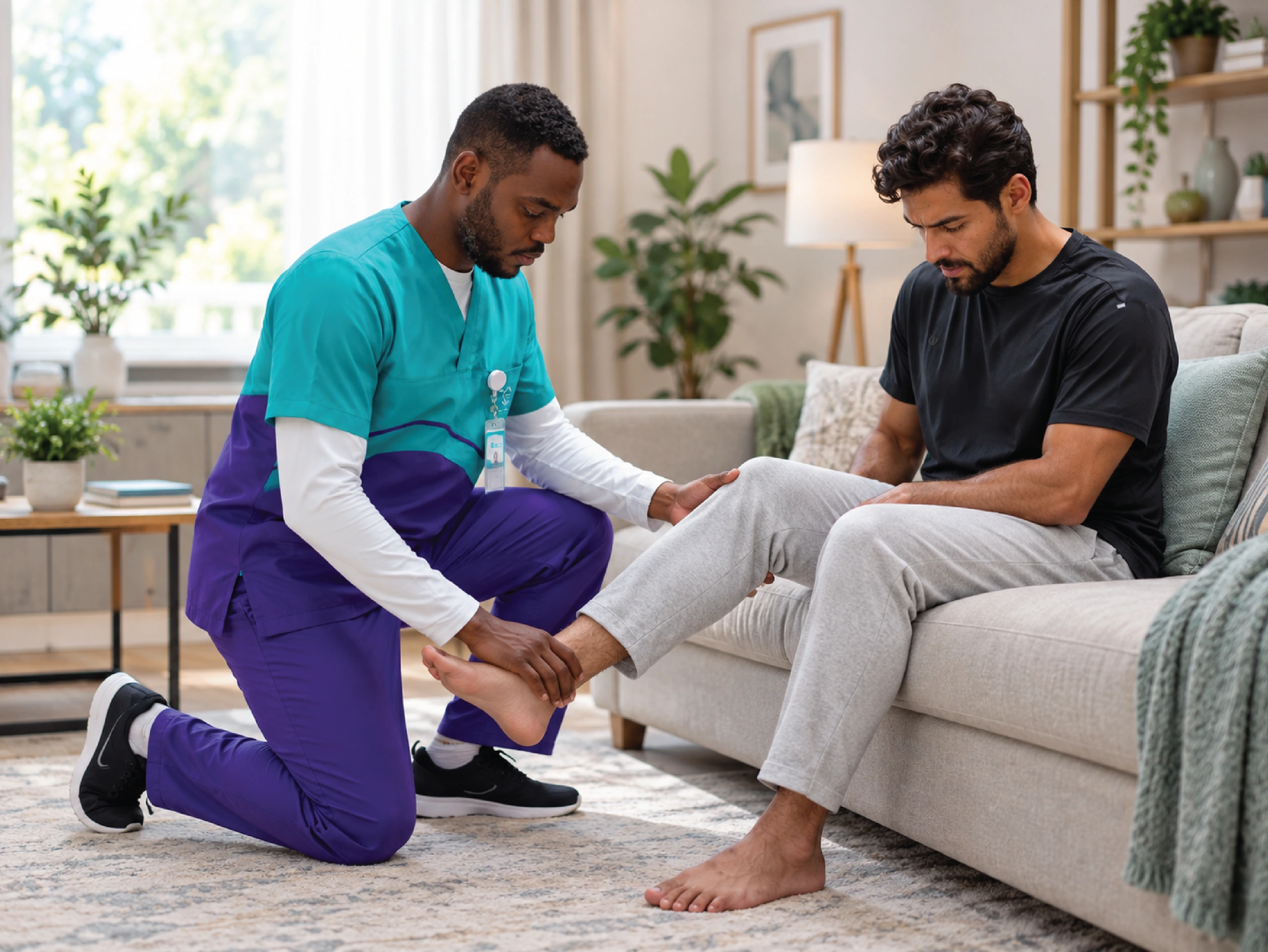 A physiotherapist supporting a patient’s leg through a controlled knee bend on a sofa
