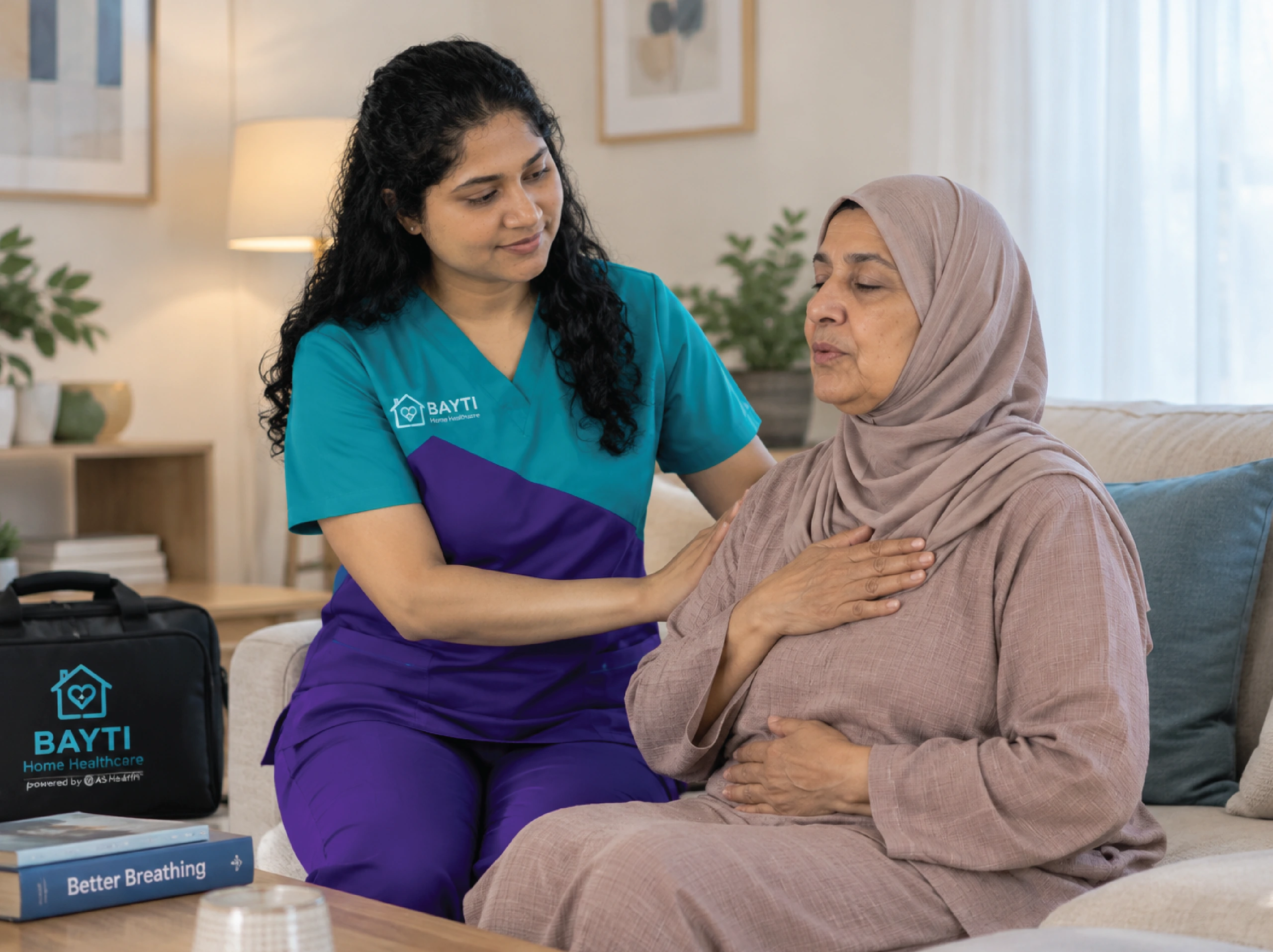 A physiotherapist guiding a seated patient through a slow breathing exercise