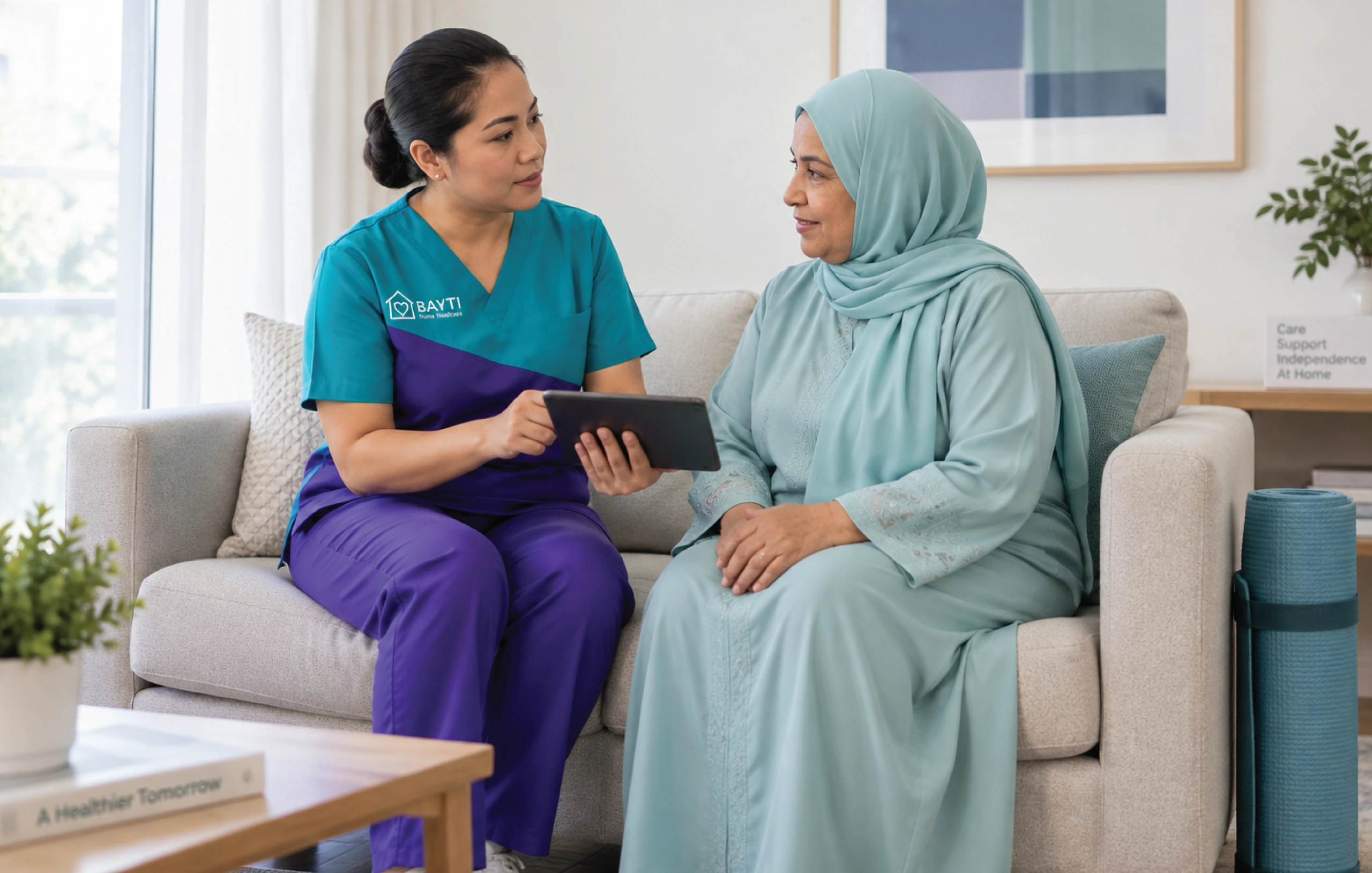 A physiotherapist and a patient talking through a treatment plan together at home