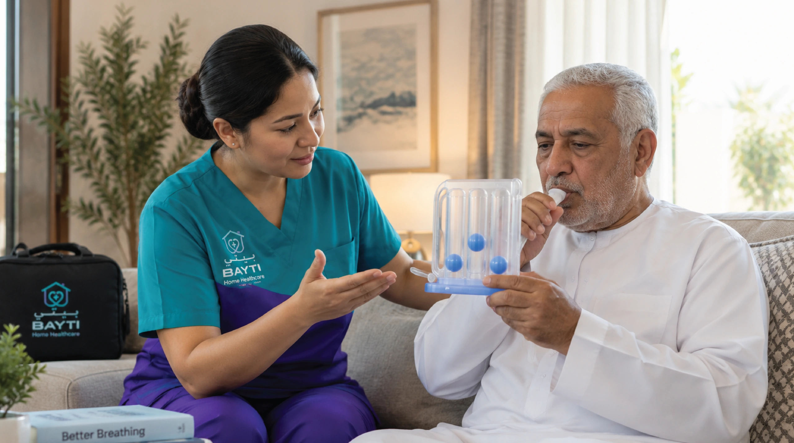 A respiratory therapist listening to a seated patient’s chest with a stethoscope