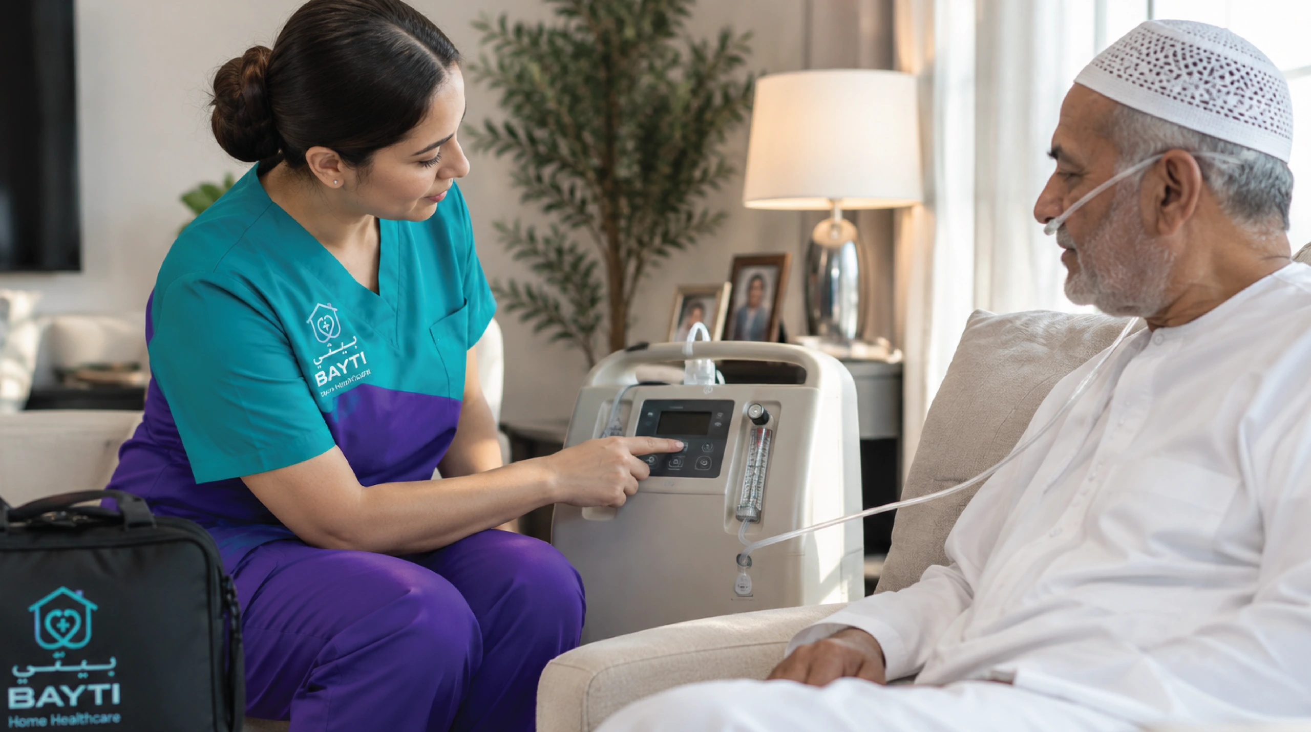 A respiratory therapist and a patient practising a slow deep breath together