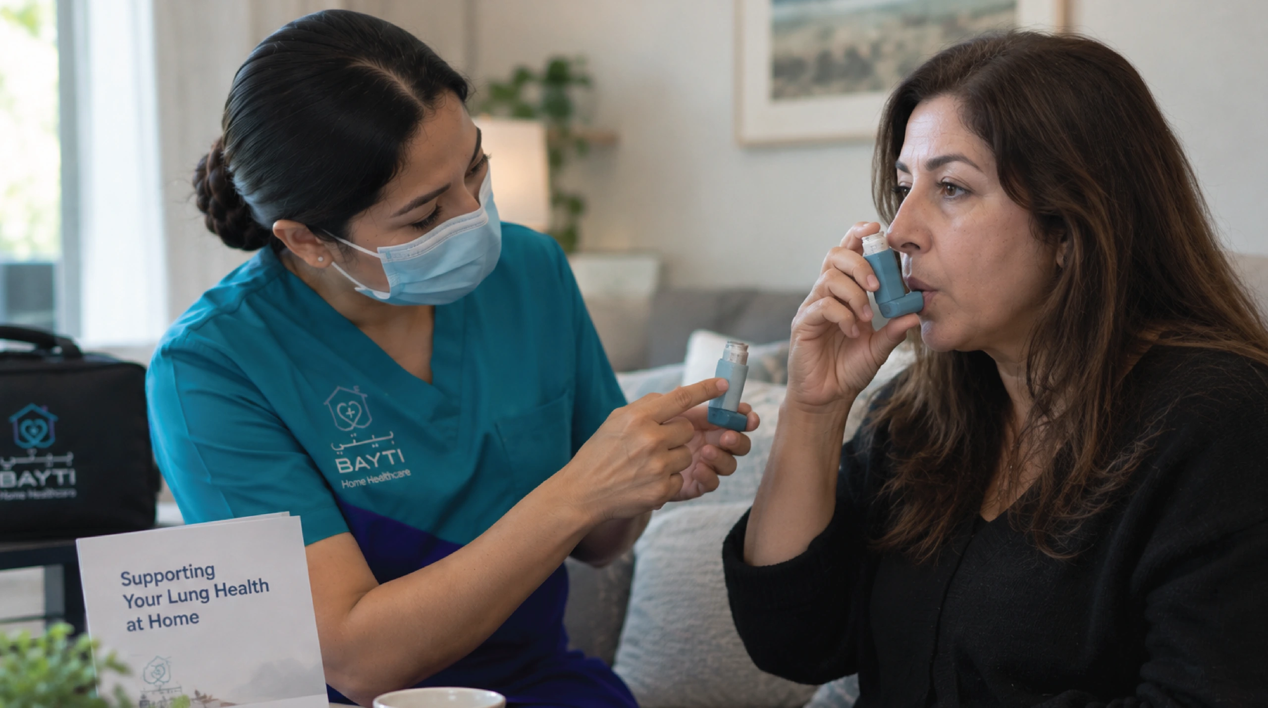 A respiratory therapist showing an inhaler to a family member at home